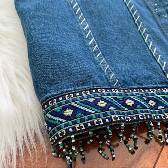 Vintage Beaded Denim Vest with Aztec Embroidered Trim - Picture 3 of 10